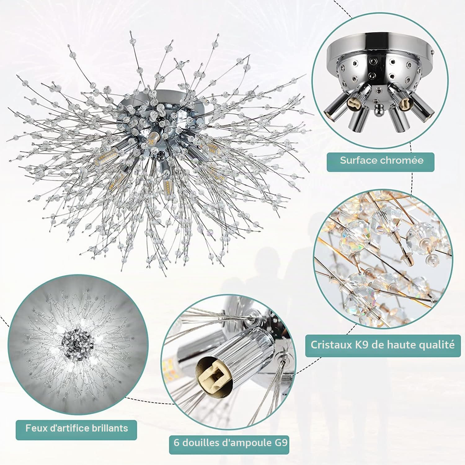 Rayofly Plafonnier moderne en cristal pour salon, feux d'artifice chromés K9 cristaux, plafonnier, 6 G9, lustre pour chambre à coucher, salle à manger, couloir