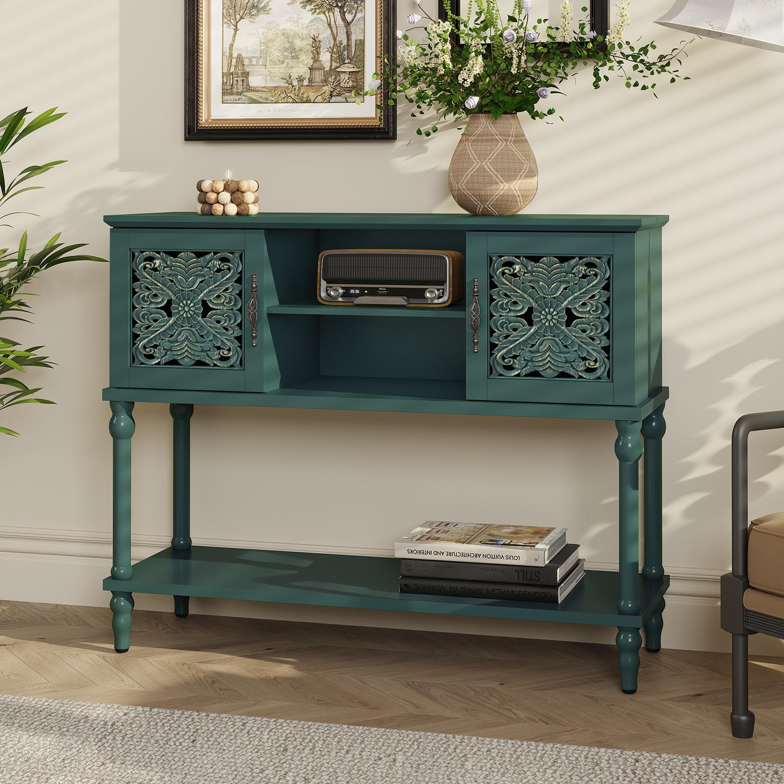 HOLTICO Mesa Consola,Mesa Auxiliar,con Almacenamiento,con 2 armarios de Estilo clásico,Compartimentos Abiertos,Patas de Madera Maciza,para salón,Entrada,Pasillo,107x36x86 cm,Verde