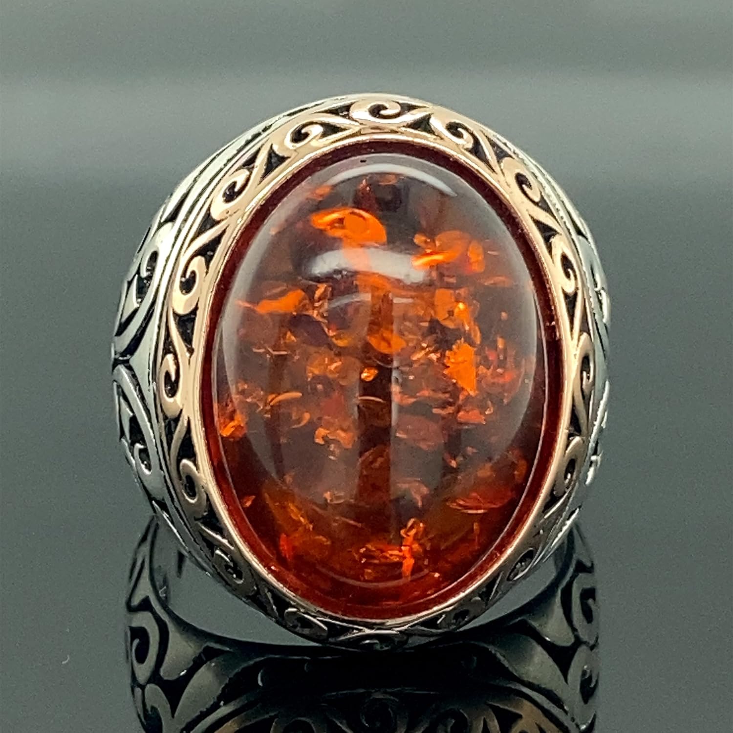 Mercan Silver Men's Handmade Ring, Natural Amber Stone, Sterling Silver, Statement Ring, Size 8, Solitaire, Orange Stone, 14g