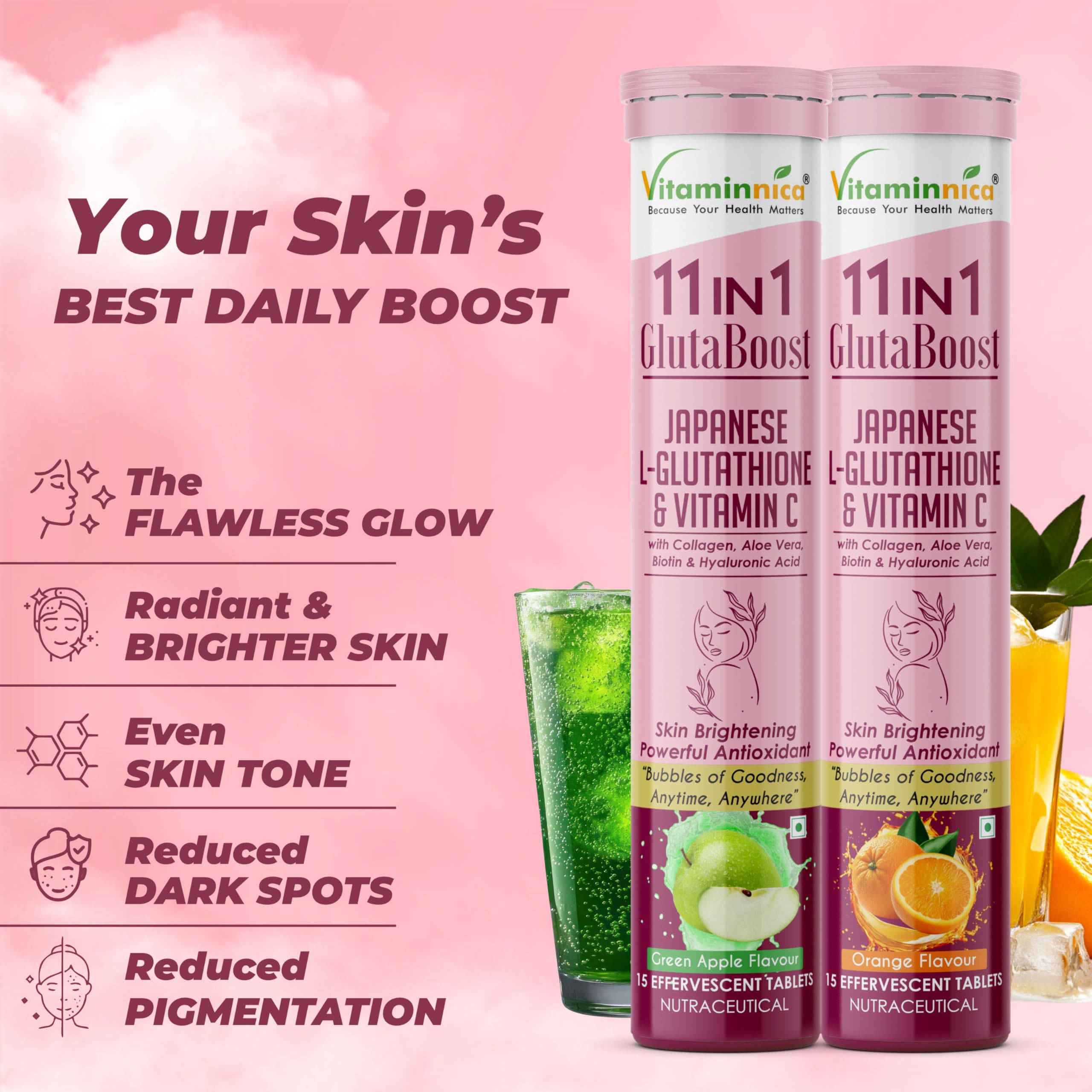 Vitaminnica Gluta Boost 11-in-1 Effervescent Tablets with Japanese L-Glutathione, Vitamin c, Collagen, & Hyaluronic Acid for Glowing and Radiance Skin Supplement | 15 Tablets (Pack of 1, Orange) — Amazon image 5