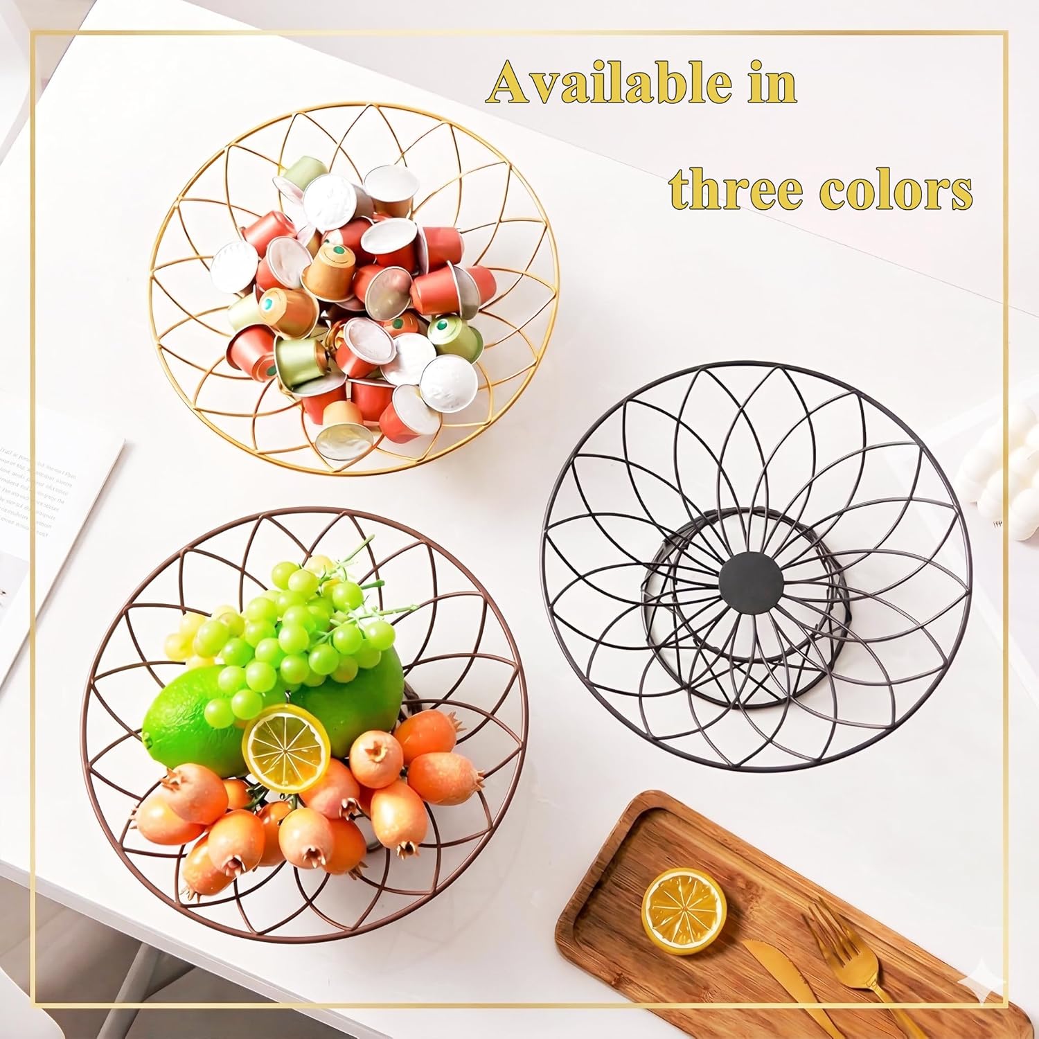 AIYICIII Large Metal Wire Fruit Bowl, 12-inch Round Mesh Fruit Basket for Kitchen Countertop, Modern Decorative Bread Vegetable Storage Holder Organizer, Sleek Black Iron Art(Black)