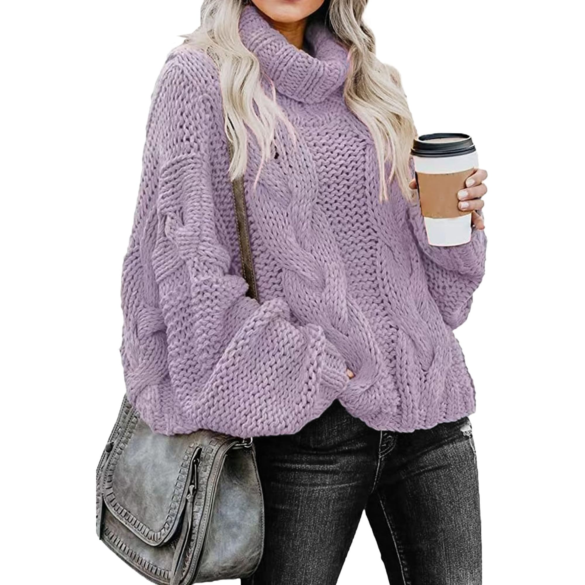 Oversized Sweater for Women Winter Fall Turtleneck Pullover High Neck Balloon Sleeve Knit Solid Outerwear