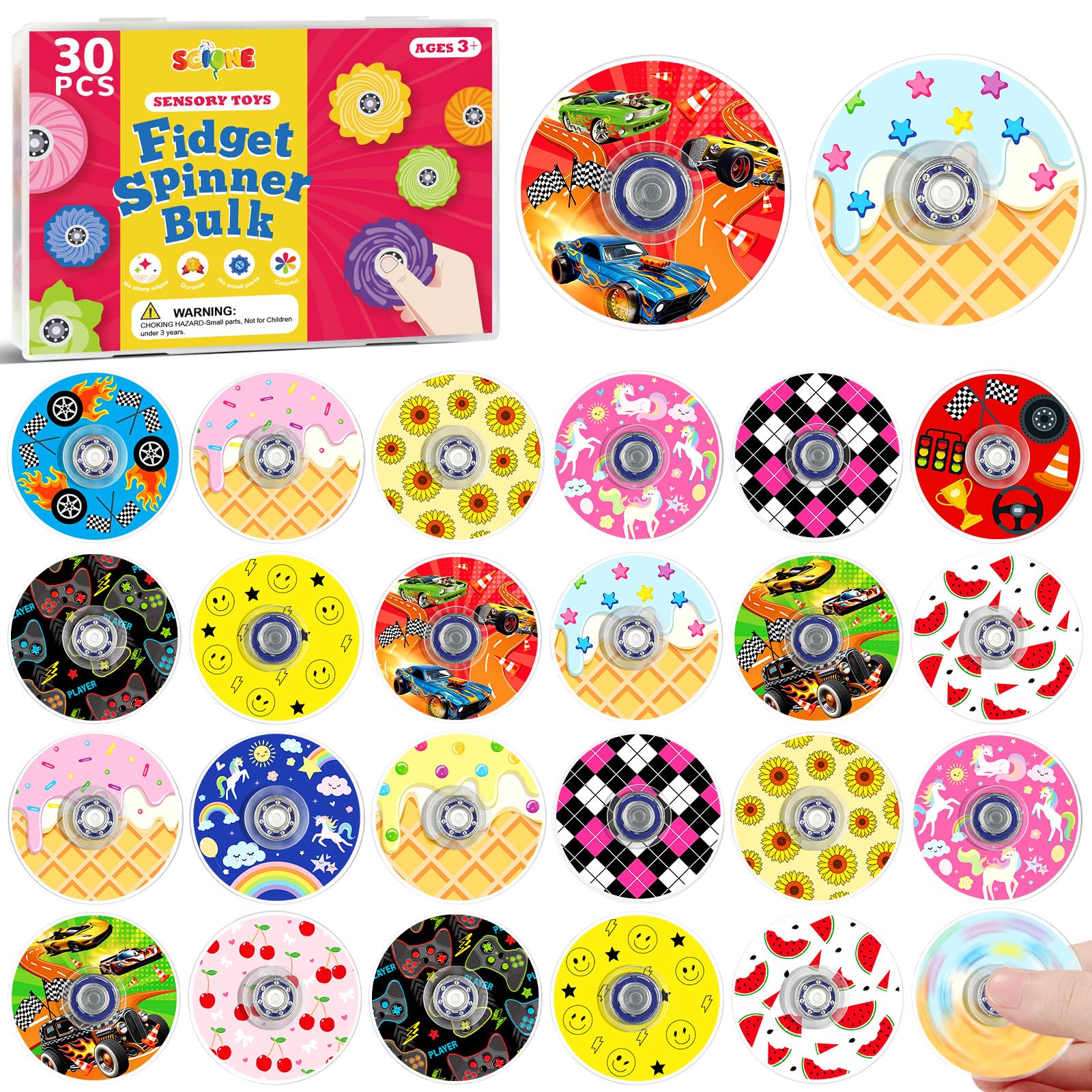 SCIONE 30 Pack Mini Fidget Spinners Party Bag Fillers for Kids, 15 Themes Racing Car Games Fruit Animals Acrylic Hand Spinners, Bulk Sensory Toys for Classroom Rewards, Pinata Fillers, 1.5"