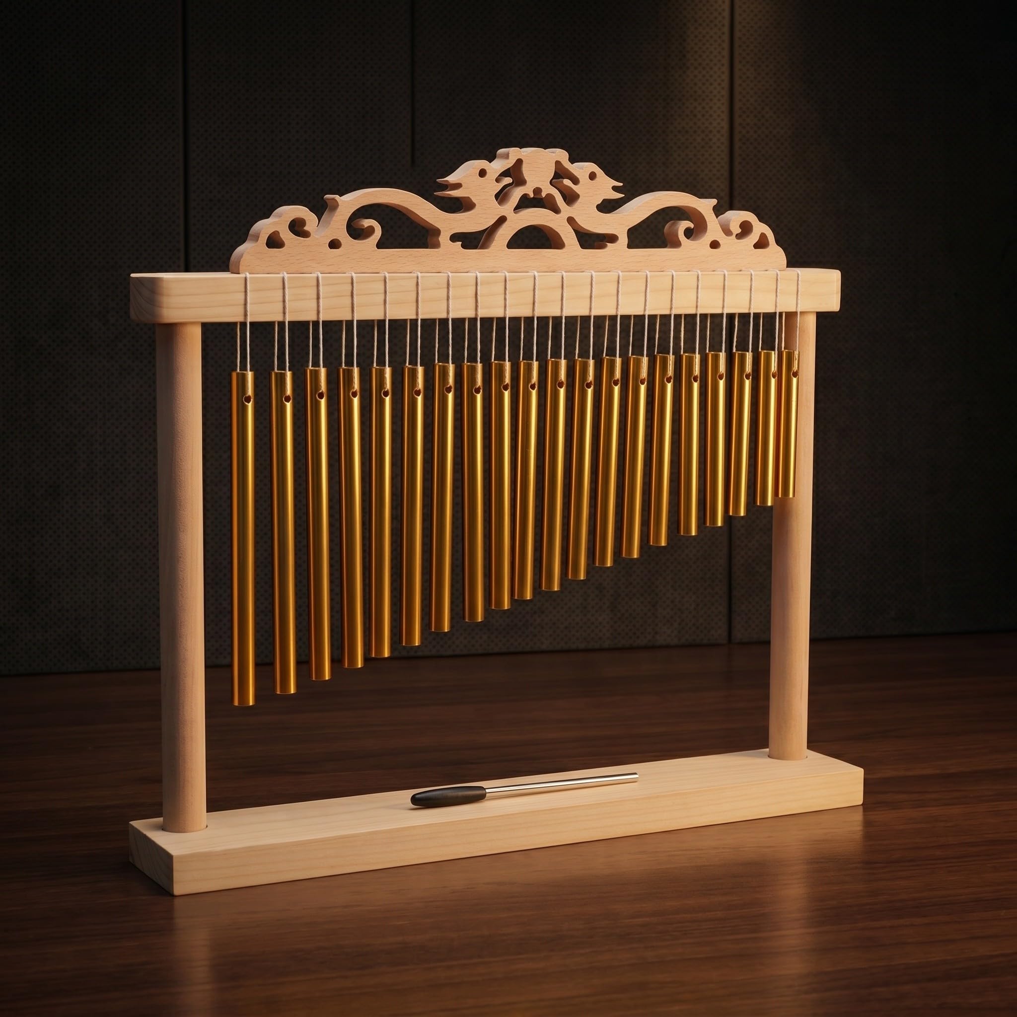 Campanas de Viento para Percusión de 20 Notas en Línea, Estructura Estable con Base Antideslizante, Madera y Metal Dorado, Incluye Mazo para Presentaciones y Escenario