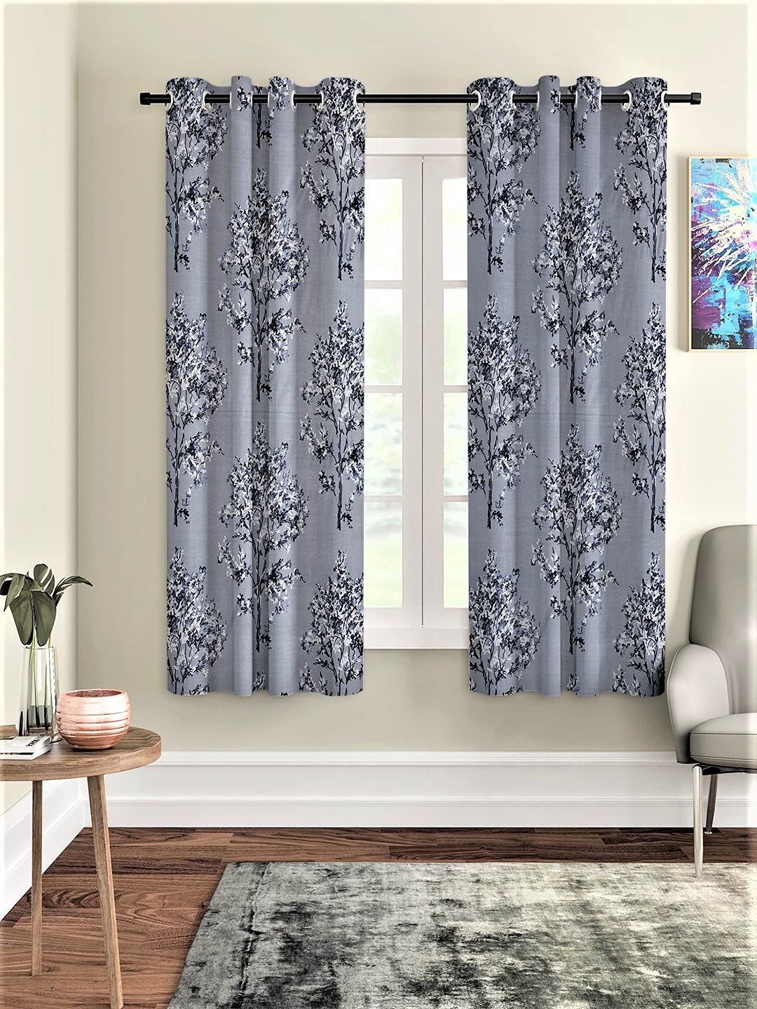 Fashion String 2 Pieces Floral Blossoms Eyelet Polyester Window Curtains - 5 Feet, Grey
