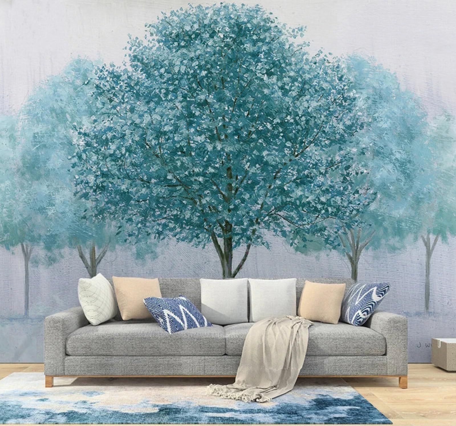 Xlming 400Cm×280Cm(B×H) Hand Drawn Watercolour Three Dimensional Blue Forest 3D Wallpaper Premium Textured Silk Study Dining Living Room Bedroom Sofa Tv Wall Easy Install-400Cm×280Cm