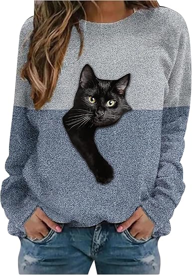 Maglione con stampa a forma di gatto, da donna, a maniche lunghe,  girocollo, per autunno e inverno : Amazon.it: Abbigliamento