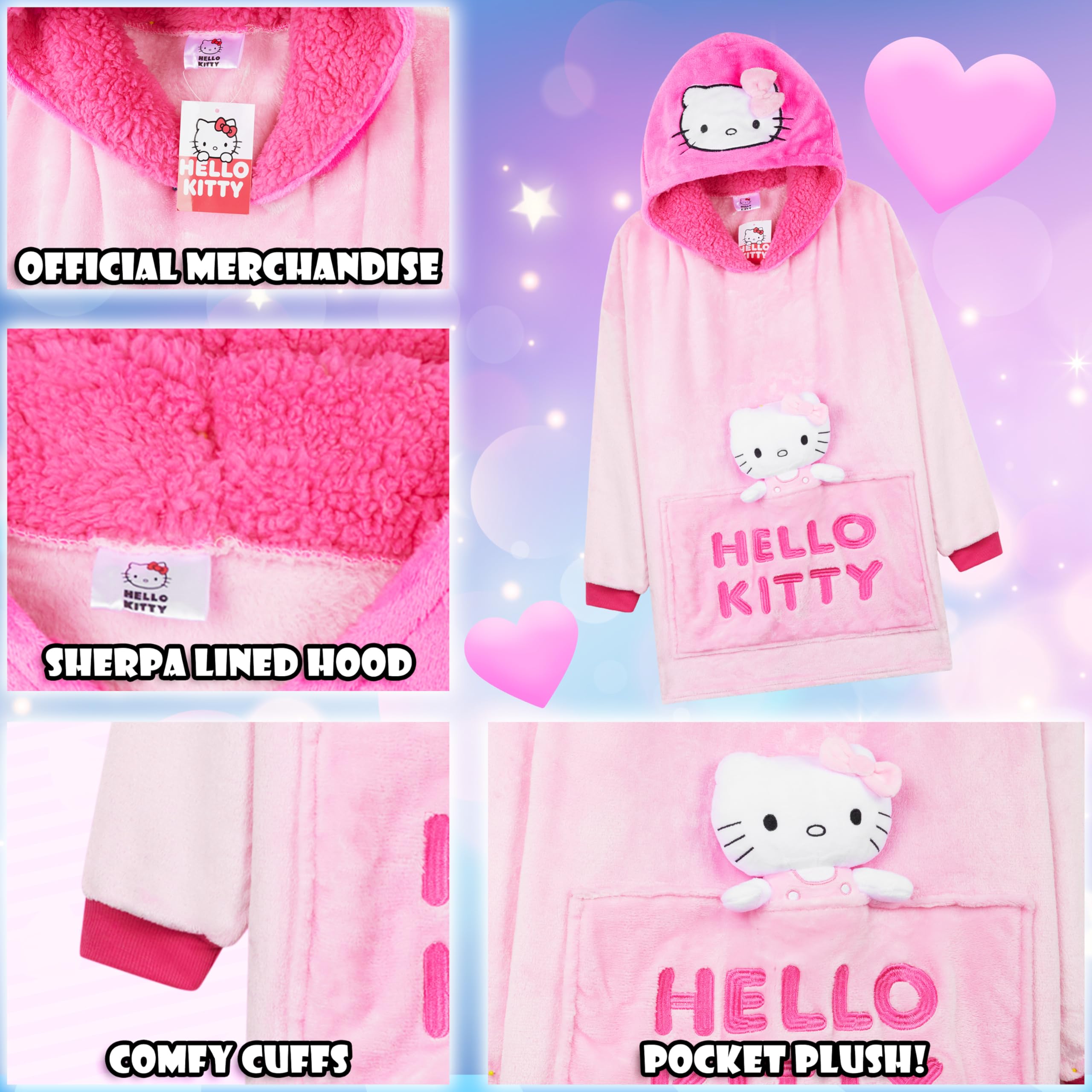 Hello Kitty Sanrio Koc Bluza z Kapturem dla Dziewcząt i Nastolatek Kawaii Oversize z Frędzlami, Przenośny Koc z Pluszowym Wypełnieniem, Odzież do Domu, Prezent Anime, różowy, Rozmiar uniwersalny