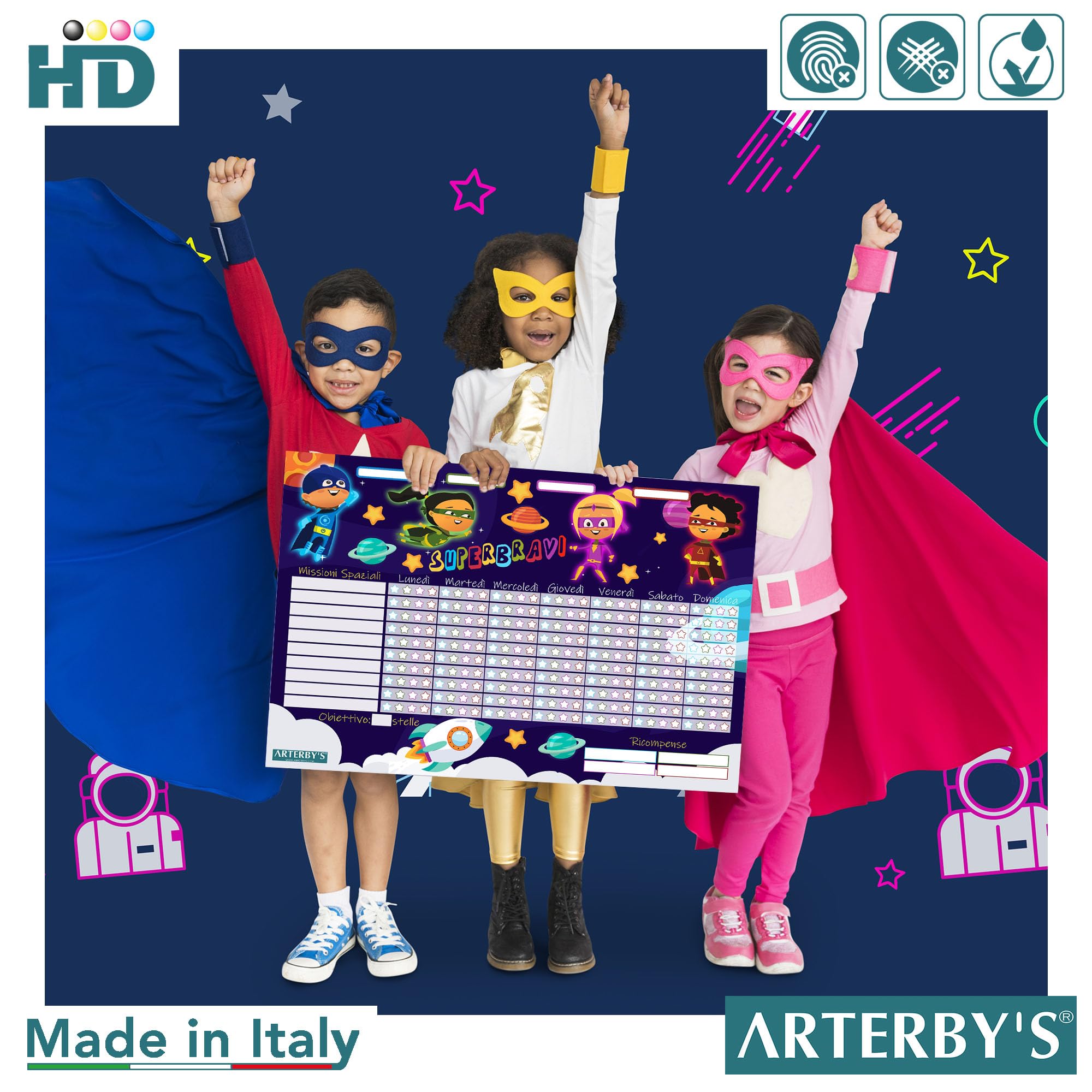 Arterby's® - Tabella delle Ricompense – 25 Fogli A4 in Cartoncino Rigido ECO e 280 Adesivi Stelle 4 Colori – Tabellone Attività Risultati Motivare Psicomotricità Bambini (Italiano, SUPEREROI - COL001)