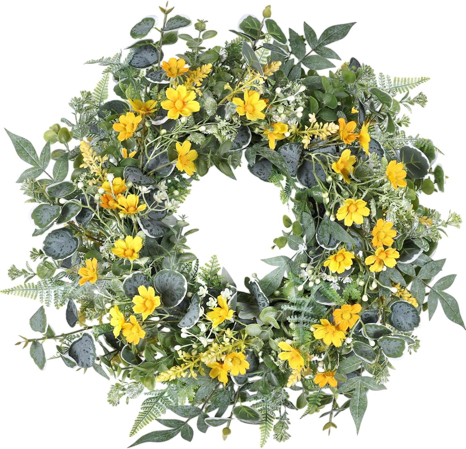 Artgar Eucalyptus Wreaths for Front Door - 24 Inch Yellow Daisy Wreath, Spring Summer Door Wreath for All Seasons for Indoor Outdoor Home Porch Wall Window Office Wedding Farmhouse Easter Decor