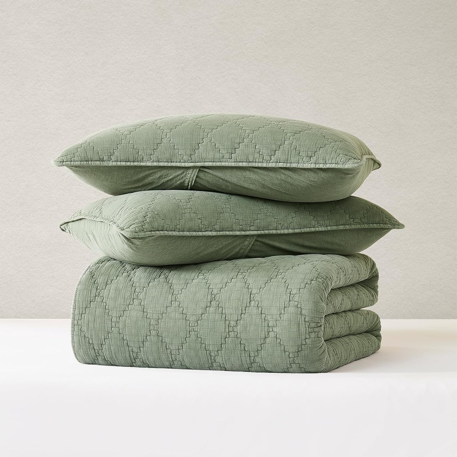 palassio Olive Green Twin Size Quilt Set, Muslin Cotton Shell Down-Alt Poly Filling, Soft Shabby Chic Rustic Farmhouse Country Bedspread, Textured Gauze Coverlet, Lightweight Bedding, 1 Sham - Image 7