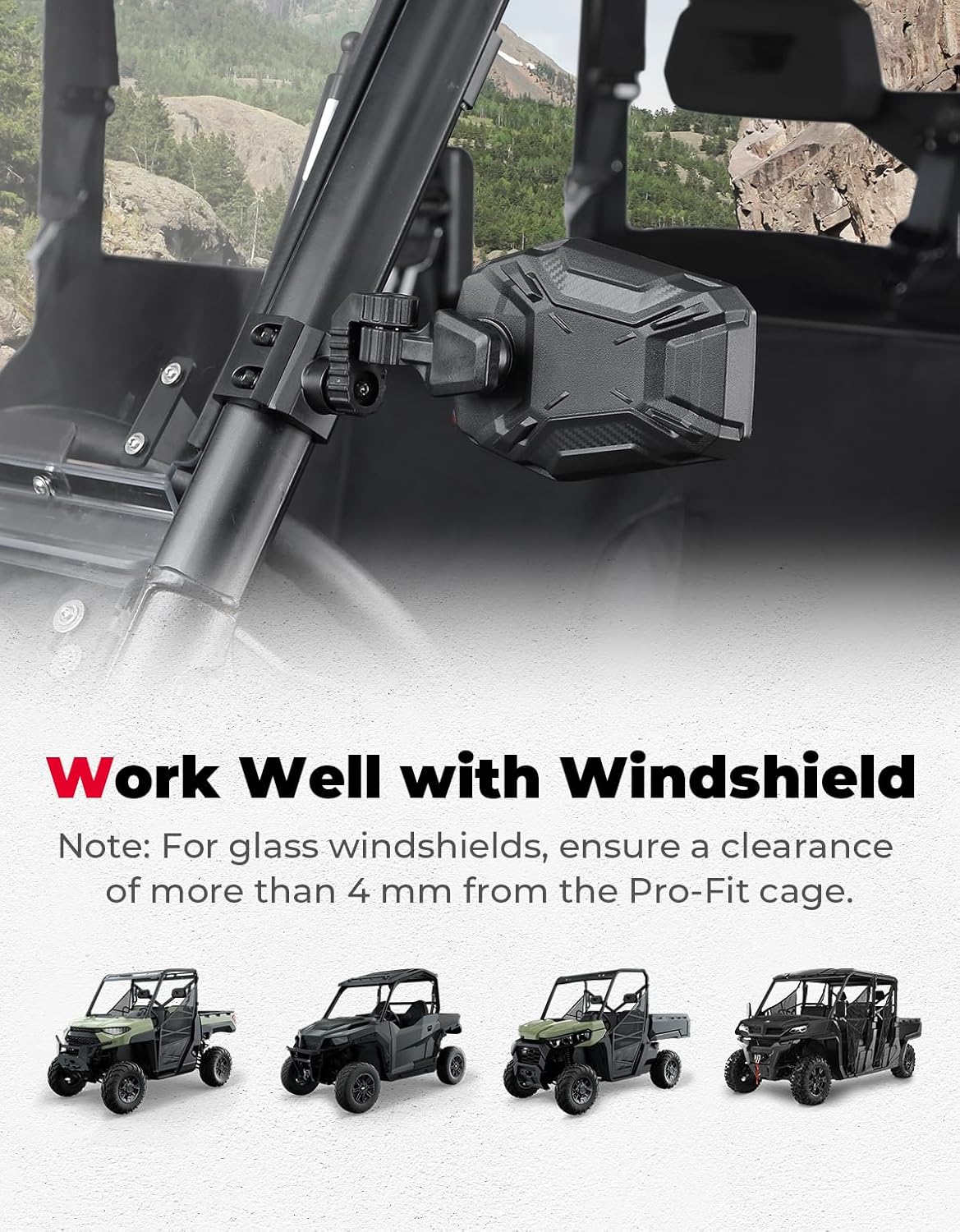KEMIMOTO UTV Side Mirrors, UTV Rearview Mirrors Fit for Windshield Compatible with Pro-Fit Polaris Ranger General Can-Am Defender Maverick Trail, 3-axis Rotation Breakaway Rear View Accessories