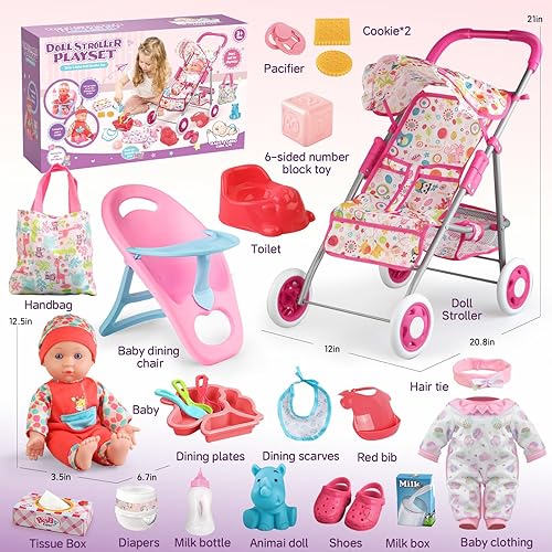 Miniatura 3 de Juego de cochecito de muñeca de bebé, juguetes para niñas pequeñas de 3-5, 4-6 regalos, juego de muñecas de bebé con muñeca de 12.5 pulgadas, 1