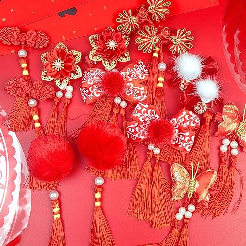 Miniatura 4 de 7 pares de pinzas para el pelo estilo año nuevo chino, bolas peludas peludas de Año Nuevo, pasadores de borlas, horquillas para el pelo con lazos,