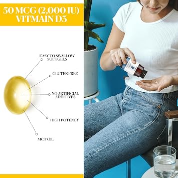 Vitamin D3 2000 IU (50 mcg) High Potency, Immune Support, Bone & Muscle Support MCT Oil, Non-GMO, Soy & Gluten-Free, No Artificial Additives, Third-Party Tested Softgels, 90 Count