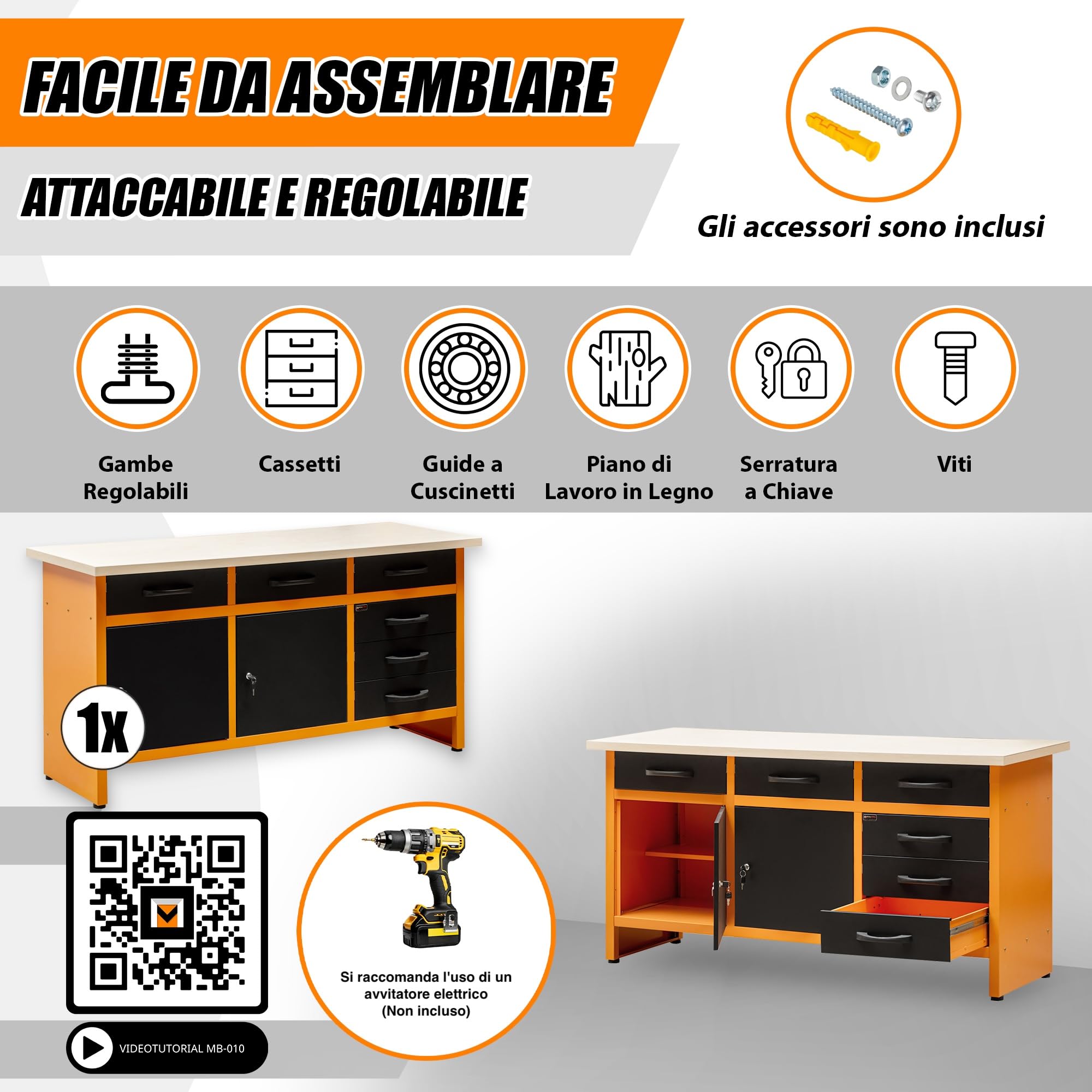 METALLMOBELL - Banco da Lavoro Officina, 160x60x84cm, con Cassetti e Armadietto, Tavolo da Lavoro Garage, Banchetto da Lavoro, Banco da Falegname, Banco da Lavoro Garage, Banco Lavoro MB010N