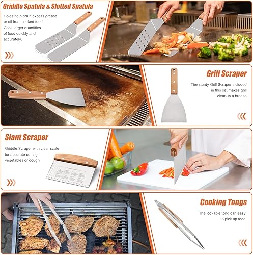 Miniatura 4 de Leonyo Kit de 16 accesorios para plancha, espátula Teppanyaki de acero inoxidable resistente para barbacoa de parte superior plana, juego de