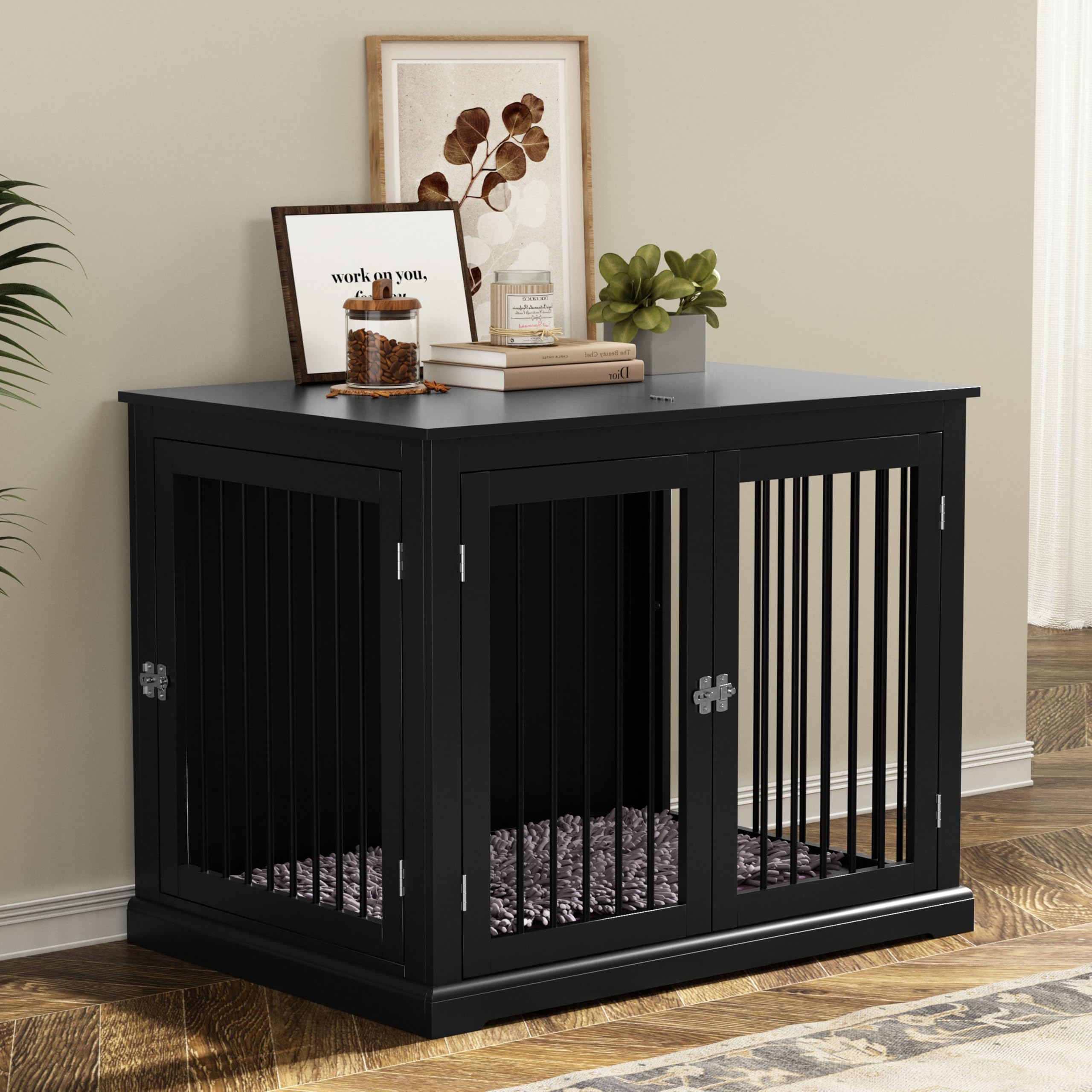 HOLTICO Hundebox für Zuhause, Hundekäfig Möbel mit Kissen, Hundehaus, Hundekäfige für große Hunde, Möbelstil Hundebox mit Klappdeckel, Schwarz（L）