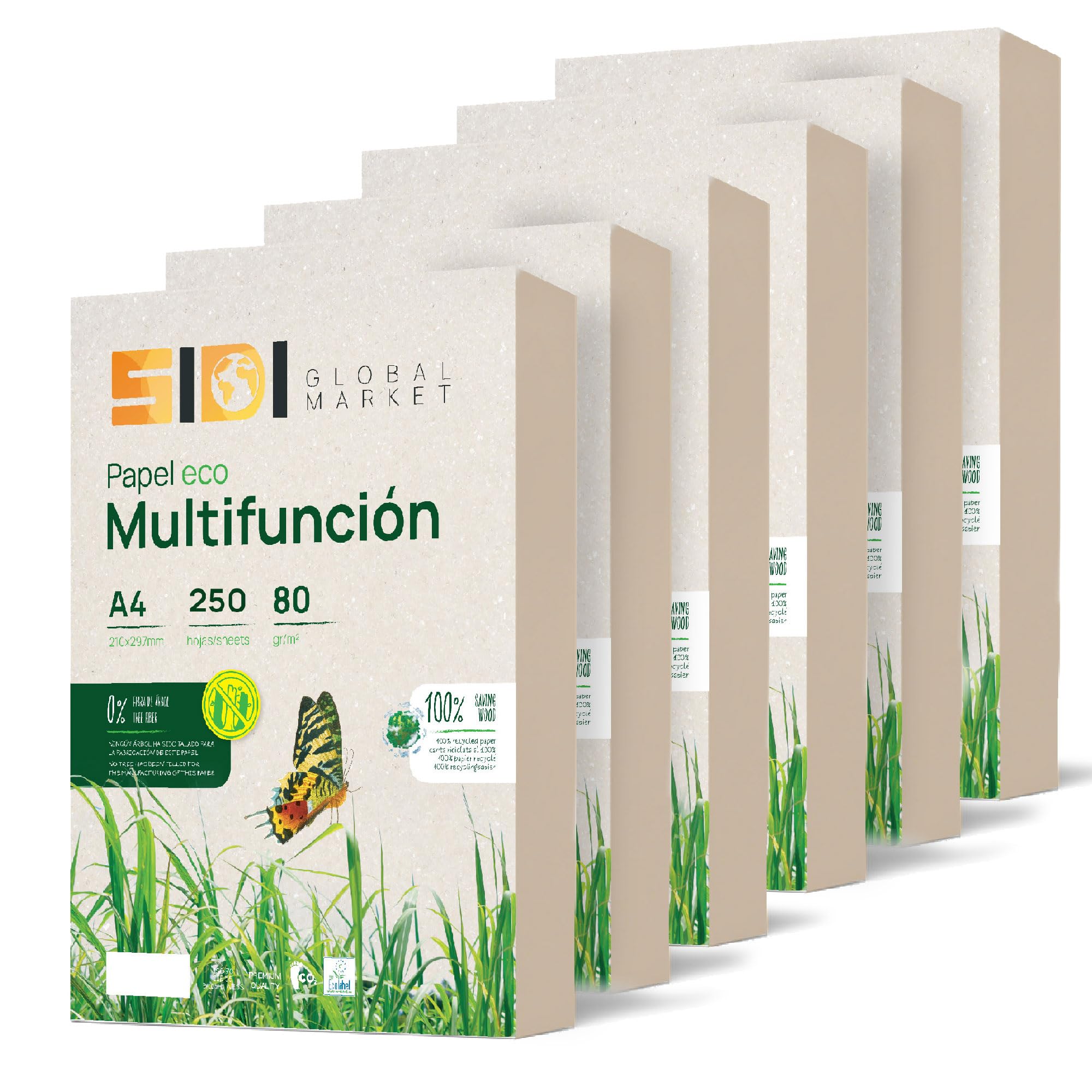 Recyclingpapier, DIN A4-Papier, A4-Blatt, 80 g, Papier für Fotokopien und Drucker, 250 Blatt A4, 100% aus Recyclingpapier, SIDI (6 Packungen)