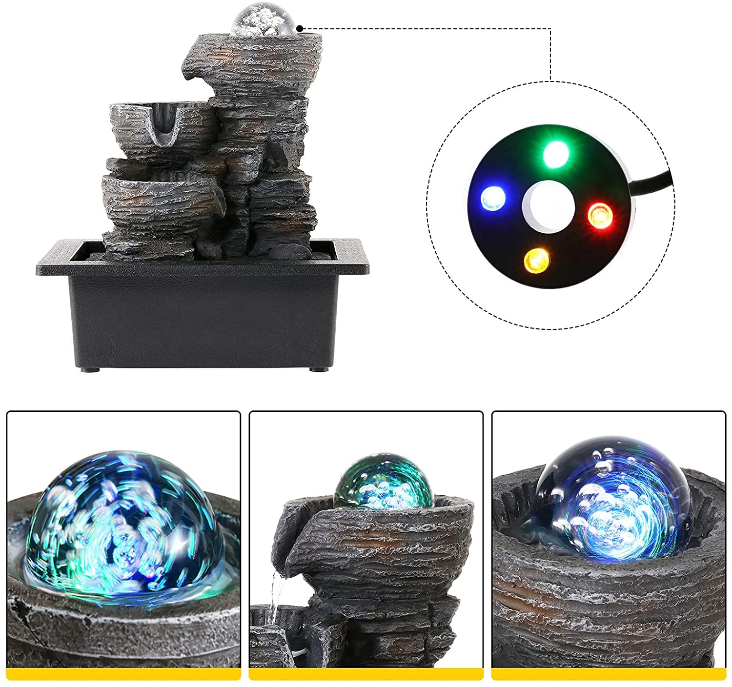 Dyna-Living Zimmerbrunnen Tischbrunnen mit Rollender Kugel, Brunnen Polyresin Springbrunnen LED-Beleuchtung Mehrfarbig, Tischplatte Wasserbrunnen Wasserfall Brunnen, 26 * 23 * 17.5cm