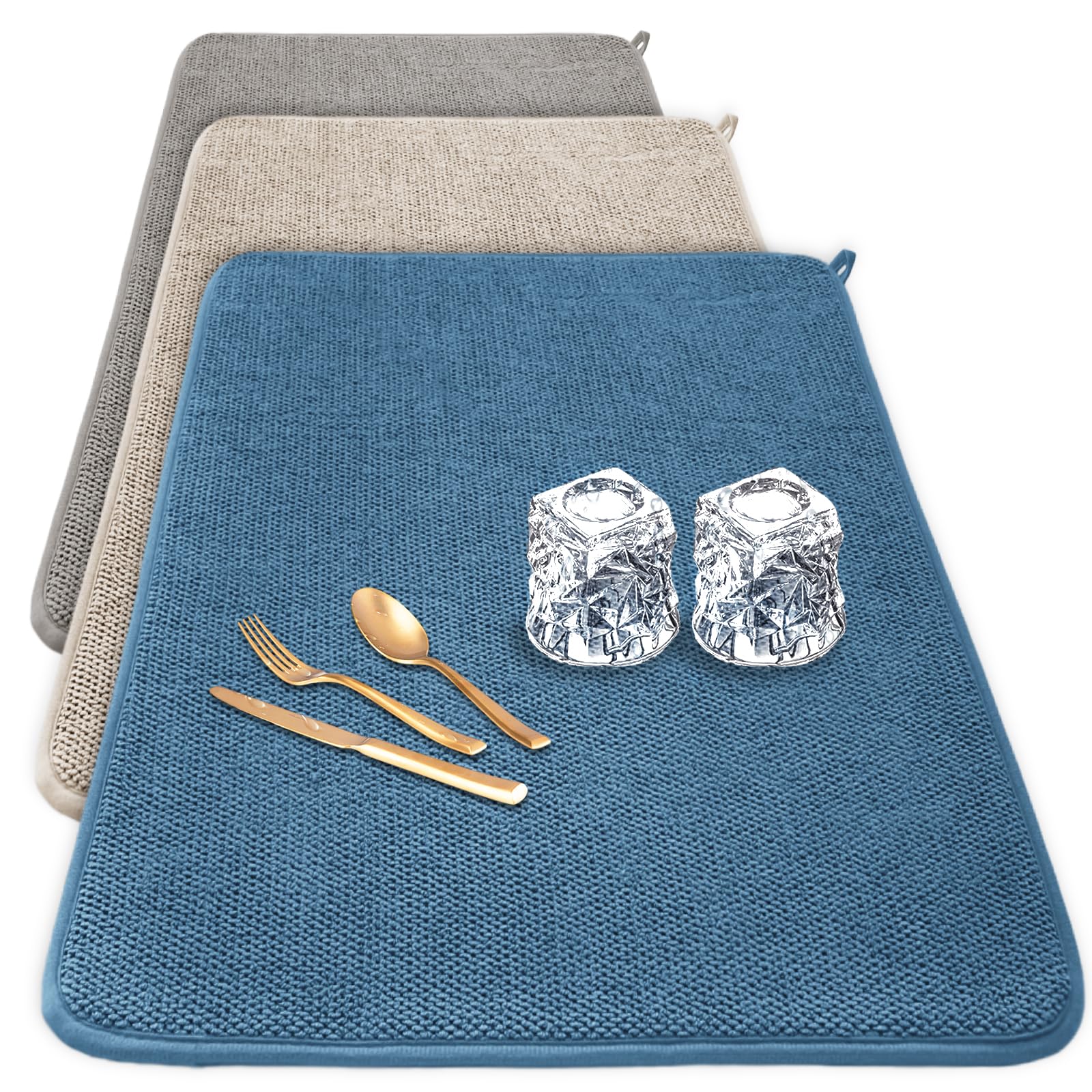 3 Pack XXL Dish Drying Mats,24×17" Absorbent Microfiber Dishes Drainer Mats,Large Size Pads for Kitchen Counter,Coffee,Rack,Under Sink(Beige,Blue,Gray)