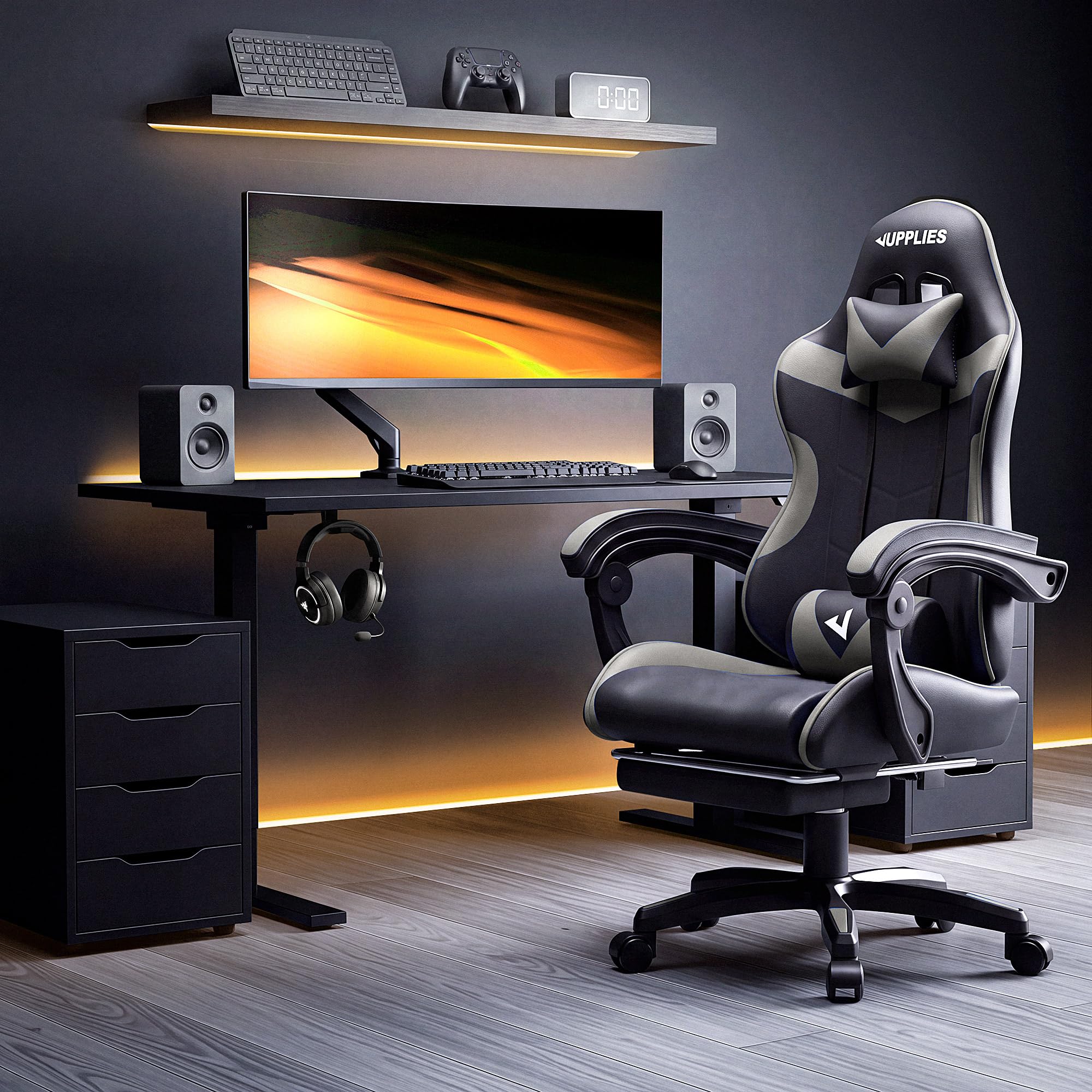 JUPPLIES Silla Gaming Profesional con Masajeador - Silla de Oficina Ergonómica, Altura Regulable y Respaldo Abatible - Silla Gamer (Gris, Acolchado Arriba, con Reposapiés)