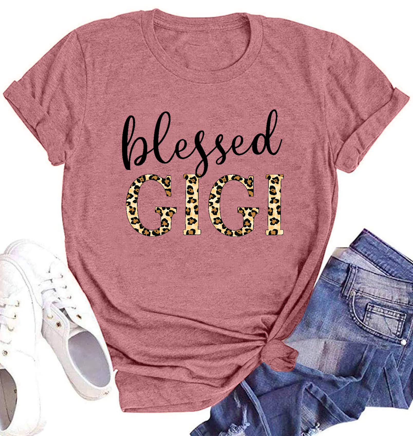 Blessed Gigi Shirts for Grandma T-Shirt Women Leopard Print Graphic Tshirts Tops Mimi Gigi Tees Shirt