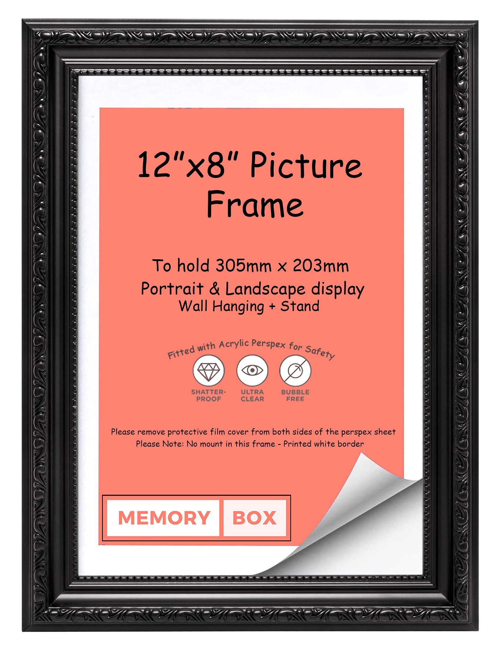 Memory Box Ornate Shabby Chic Picture/Photo/Poster frame with Perspex Sheet - (30.5 x 20.3cm) Black 12" x 8"
