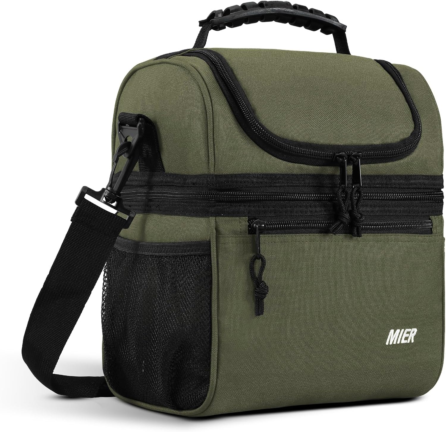 MIER Insulated Lunch Box Dual Compartment Lunch Bag Leakproof Cooler for Men Women Adult Work, Army Green, Medium (Upgraded Extra-Tall Bottom Layer)