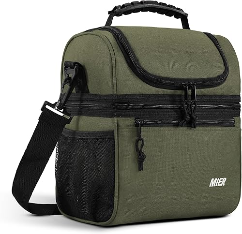 MIER Lonchera con 2 compartimentos para hombres y mujeres, a prueba de fugas, bolsa térmica para el trabajo (M, verde militar)