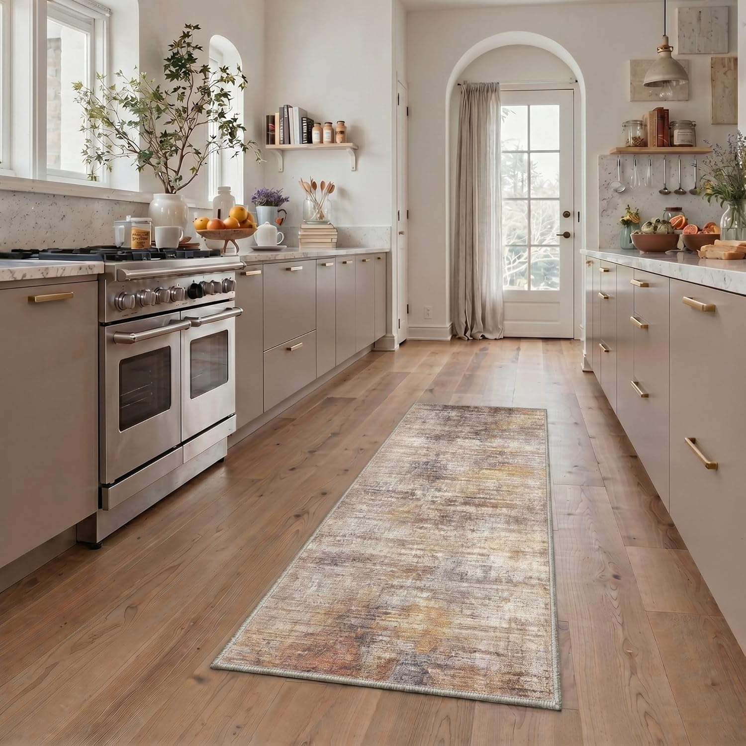 BEIMO 2x3 Rug Entryway Rug Machine Washable Low Pile Non Slip, Indoor Doormat for Front Door Kitchen Bathroom Entrance, Modern Abstract Brush Strokes Print Pattern, Brown Beige
