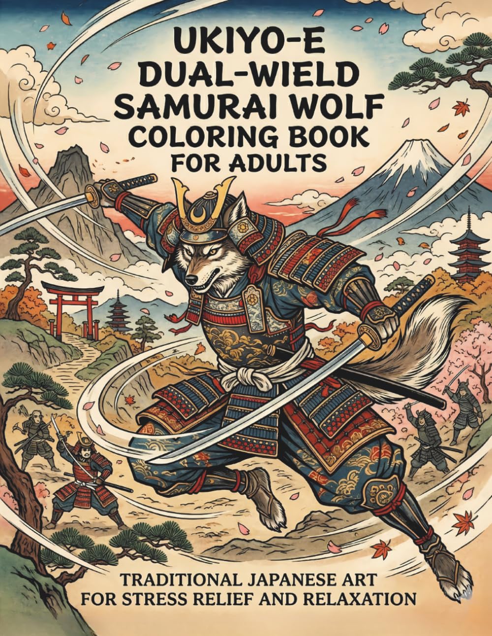 Ukiyo-e Dual-Wield Samurai Wolf Coloring Book for Adults: Traditional Japanese Art for Stress Relief and Relaxation