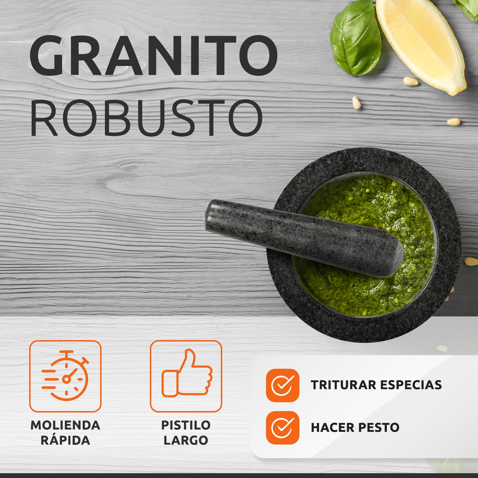 ECENCE Mortero Cocina en Madera de Acacia y Granito - Mortero y Maja Sólido para Especias para un Machacado Perfecto - Mortero Piedra Grande Ø11cm