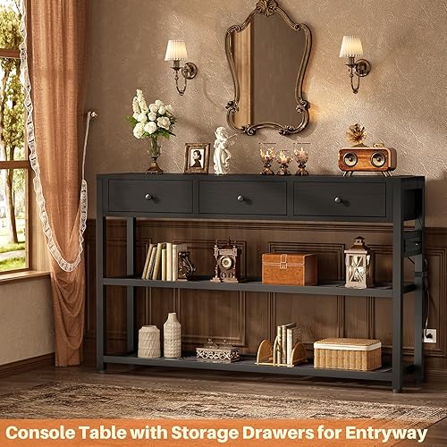 Miniatura 4 de Ecopriso Mesa de Entrada de 47'' con Tomacorrientes y Puertos USB, Mesa Consola con 3 Cajones, Mesa de Sofá Estrecha Larga con Estantes de Negro