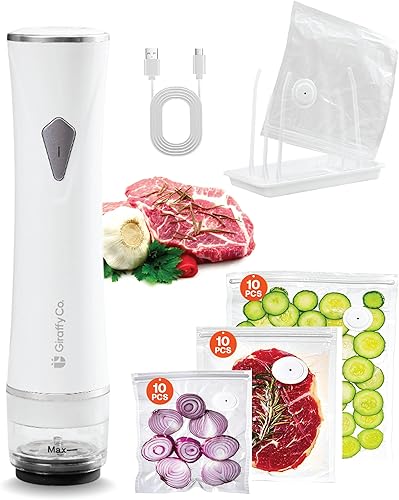 Máquina selladora al vacío con tanque de agua visible, 10 bolsas reutilizables (S, M, L - 10 cada una), estante de secado plegable y cable de carga,