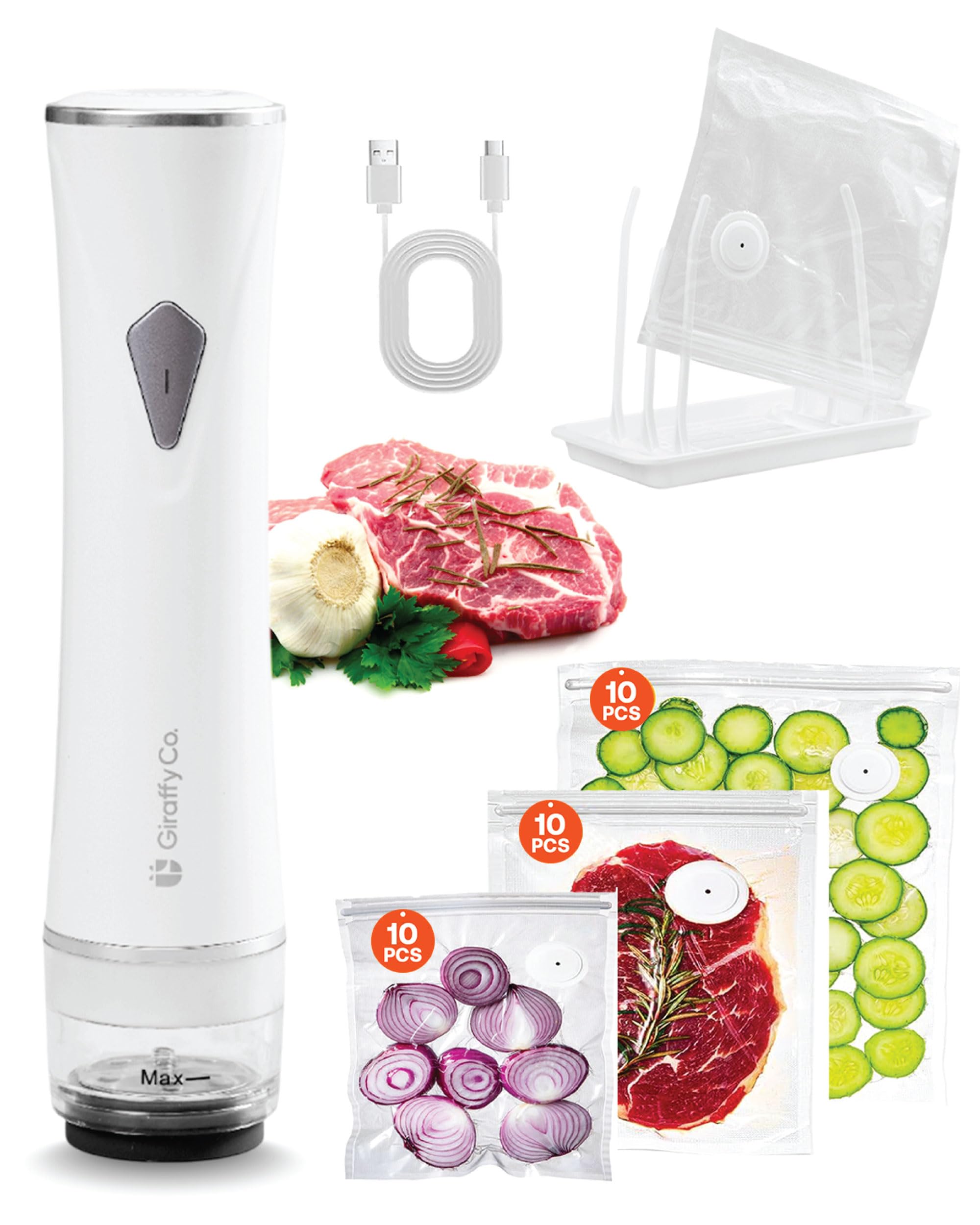 Giraffy Co. Vacuum Sealer Machine with Visible Water Tank, 30 Reusable Bags (S, M, L - 10 Each), Foldable Drying Rack, and Charging Cable – Compact &