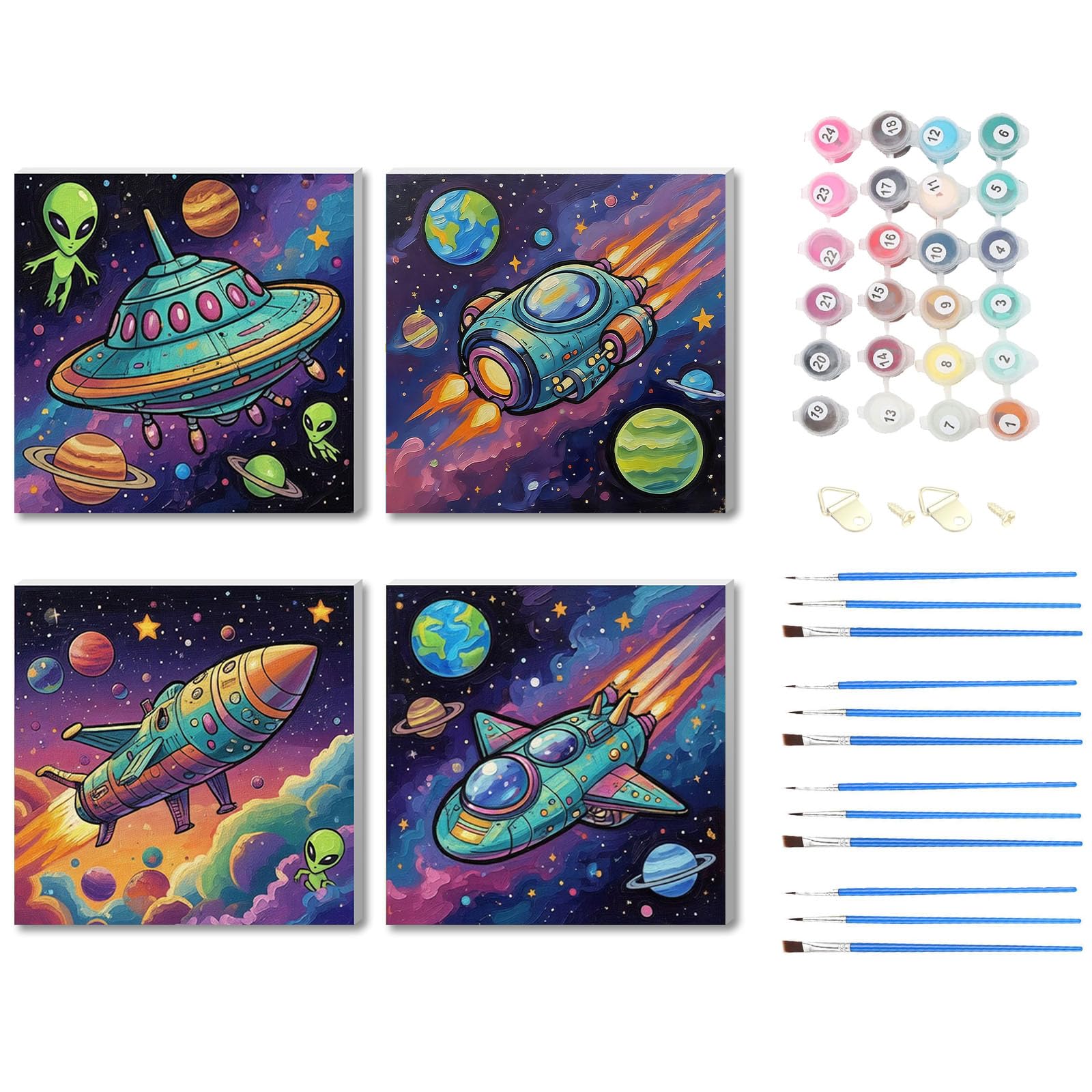 Jiqinsiye DIY 4 Pack Space Paint by Numbers for Kids,Wooden Framed Painting by Number Kits on Canvas,Acrylic Easy Color by Numbers for Beginner,Small Gifts Decor for Children Ages 6-12 Home Wall Room