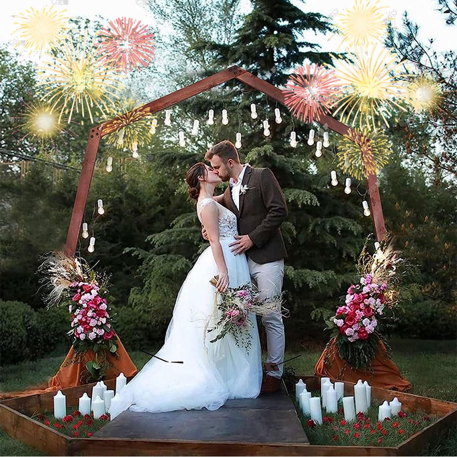 Hochzeitsbogen aus Holz, siebeneckiger Holzbogen für Hochzeiten, Zeremonien im Freien, Hochzeitshintergrund, Holzbogen, Hochzeitslaube, Hintergrundständer für Zeremonien, rustikale