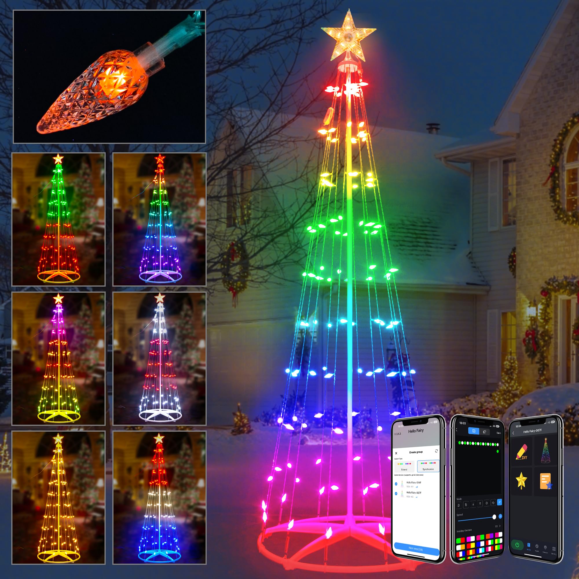 Popotan Smart RGB Led Outdoor Christmas Tree, 7FT Christmas Cone Tree with C6 Lights, App/Remote Control, 57+ Patterns, Music Sync, Memory Function, Waterproof Outdoor Christmas Decorations Yard