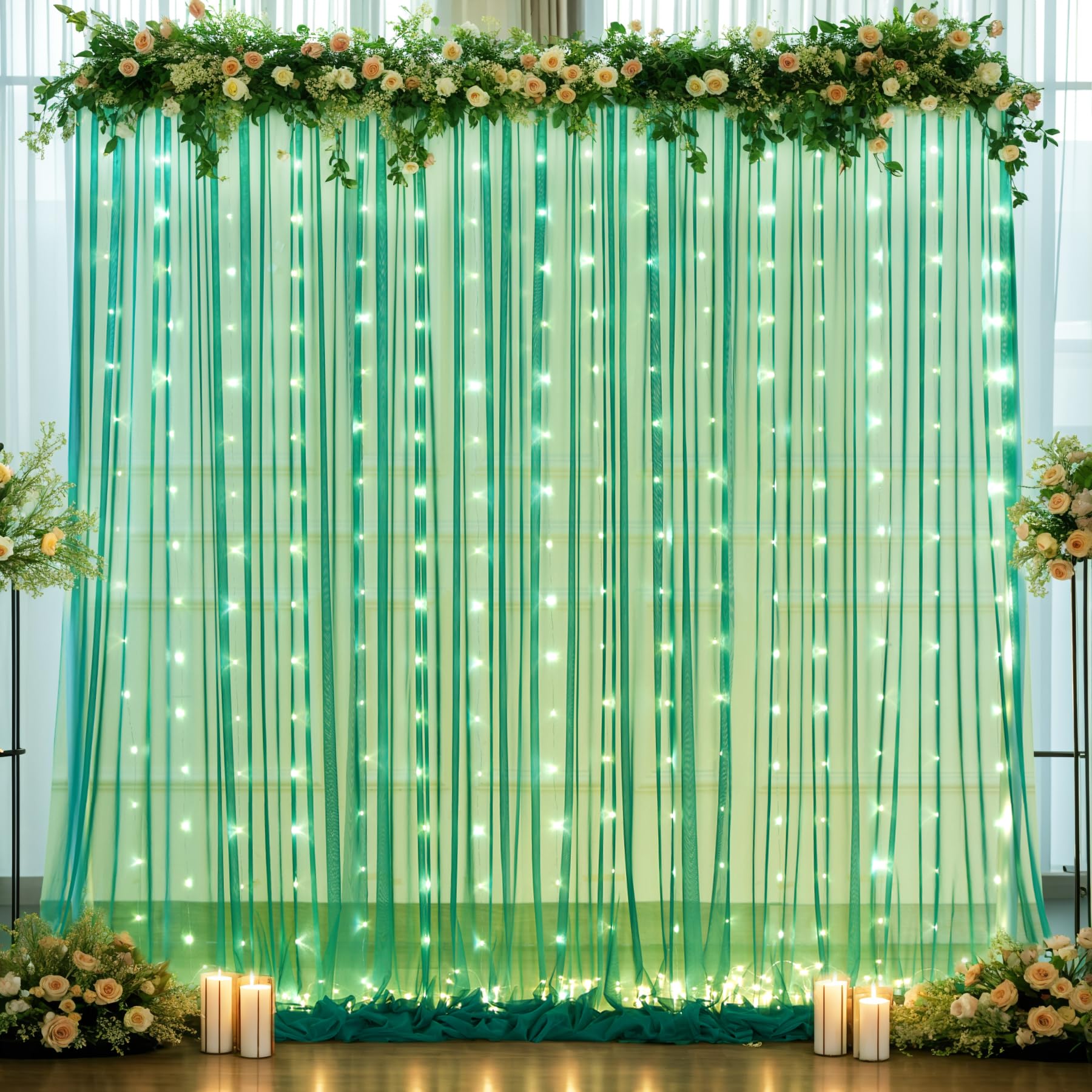 Photo 1 of 10ft x 10ft Hunter Green Tulle Photo Backdrop Curtain with Lights String for Christmas Party Sheer Curtain Backdrop Drapes for Birthday Party Holiday Wedding Photo Booth Background Room Decorations