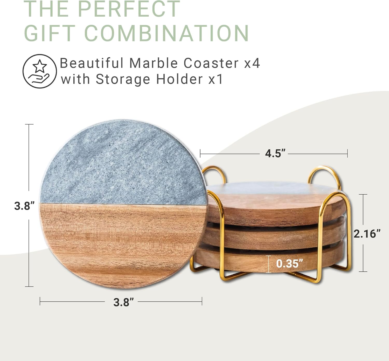 Luxury Marble and Wood Coasters, Set of 4 with Gold Stand, Unique Décor Gift for Weddings, Engagements, and Anniversaries (Sea Spray)