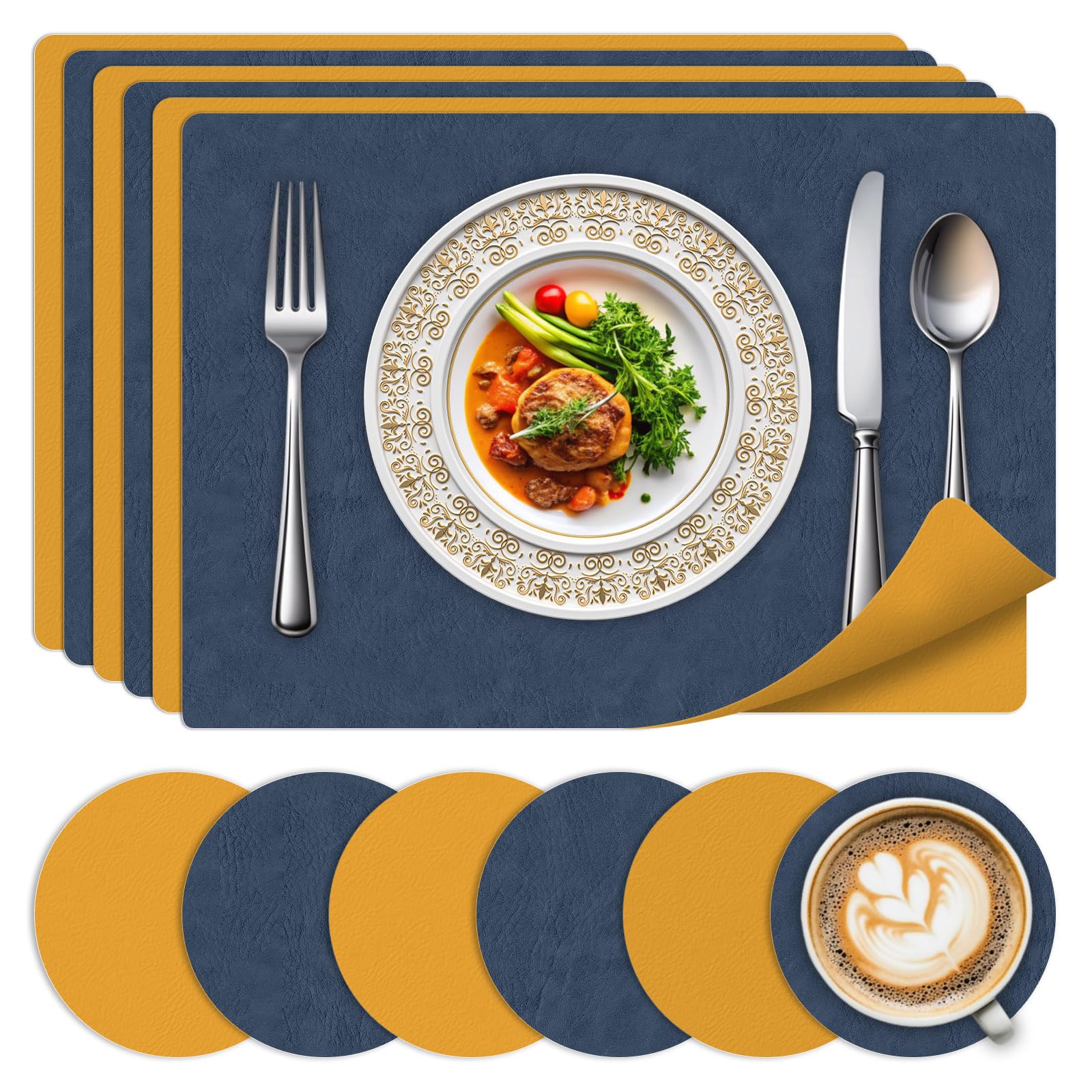 Bleswin Placemats Set of 6 with Coasters - Heat-Resistant Table Mats for Daily Use, Double-Sided Design, Wipe Clean in Seconds-Blue+yellow