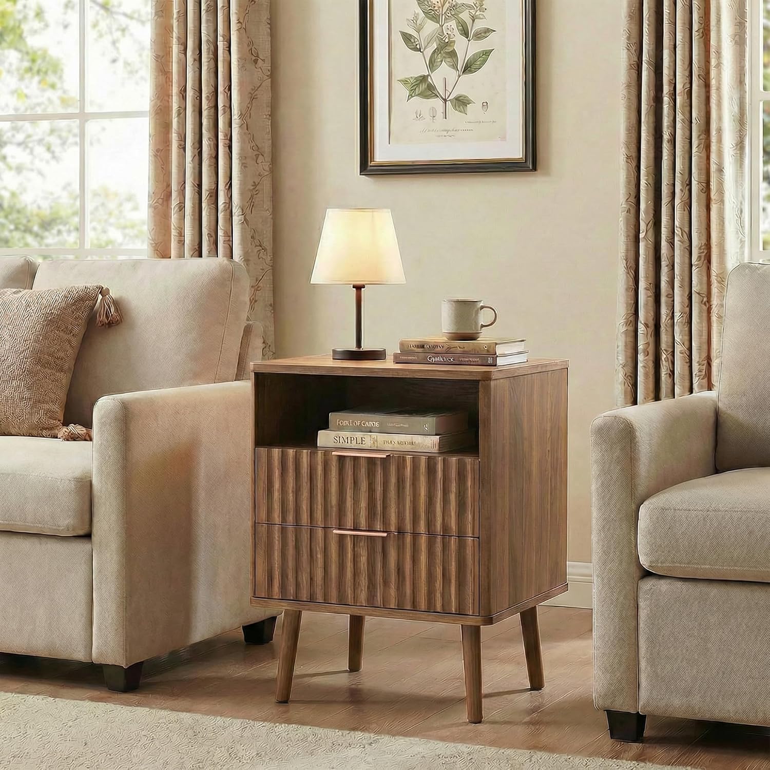 Night Stand Table with 2 Drawers, Nightstand Fluted Wood Bedroom Bed Side Table Living Room End Table with Open Storage Layer, Mid-Century Modern Walnut Brown Nightstand Wooden Bedside Table, 1 Pc