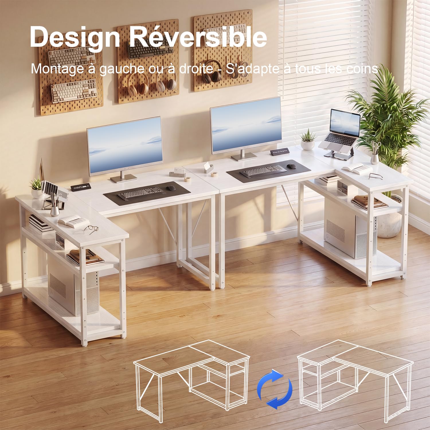 JUMMICO Bureau d'angle en L Réversible, Bureau de Travail 100x80cm Blanc