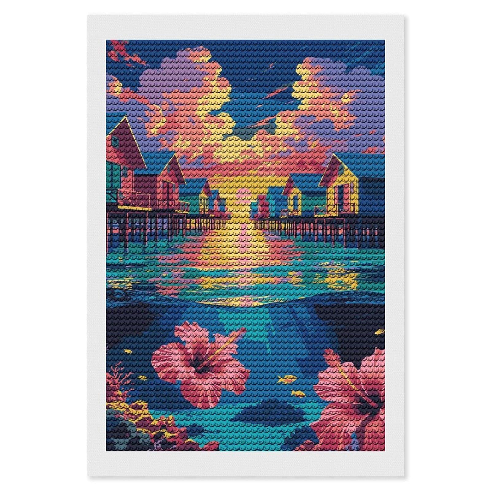 Junmoney Tropical Overwater Bungalows with Underwater Scene Diamond Painting Set 8"x12", Modern Decor, for Beginners, Printed Canvas, Thoughtful Handmade Gift, with Tool Kit