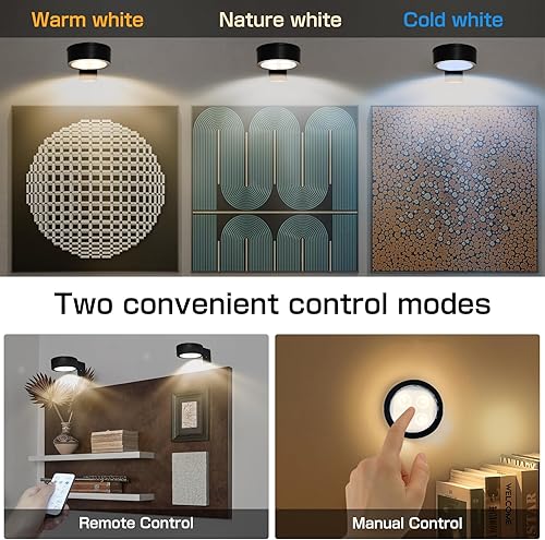 Miniatura 2 de Paquete de 2 luces de imagen para pinturas, funciona con pilas, con control remoto, 3 luces de exhibición, luz magnética regulable y temporizador de