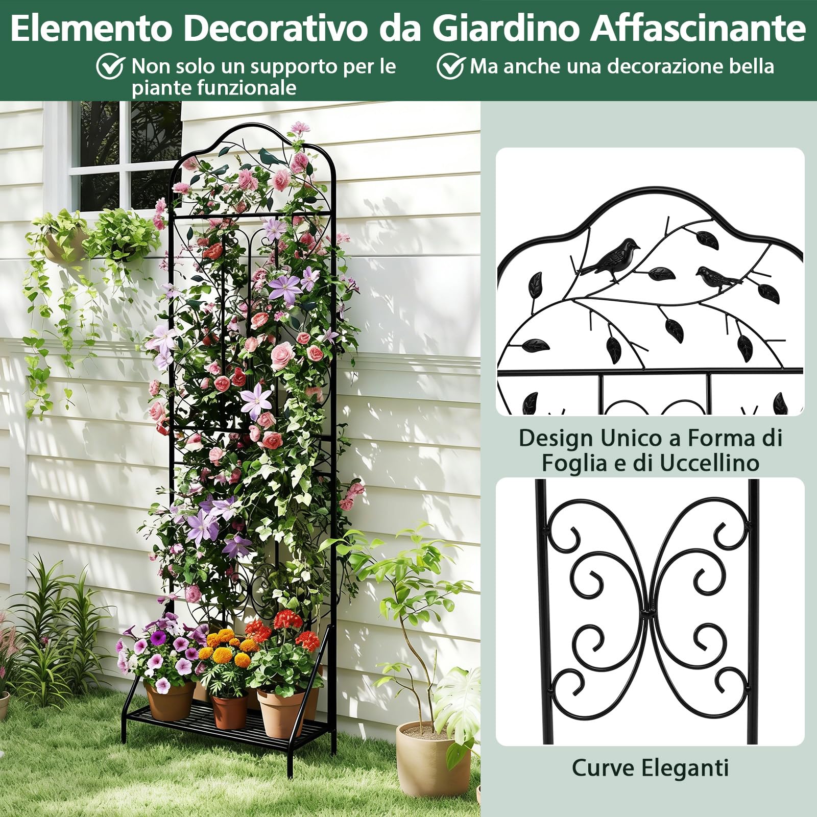 COSTWAY Traliccio per Rampicanti Metallo con Ripiano Pieghevole, Graticcio per Piante da Esterno, Griglia per Piante Rampicanti per Giardino, Cortile e Patio, 50 x 30 x 189,5 cm (Nero,1)