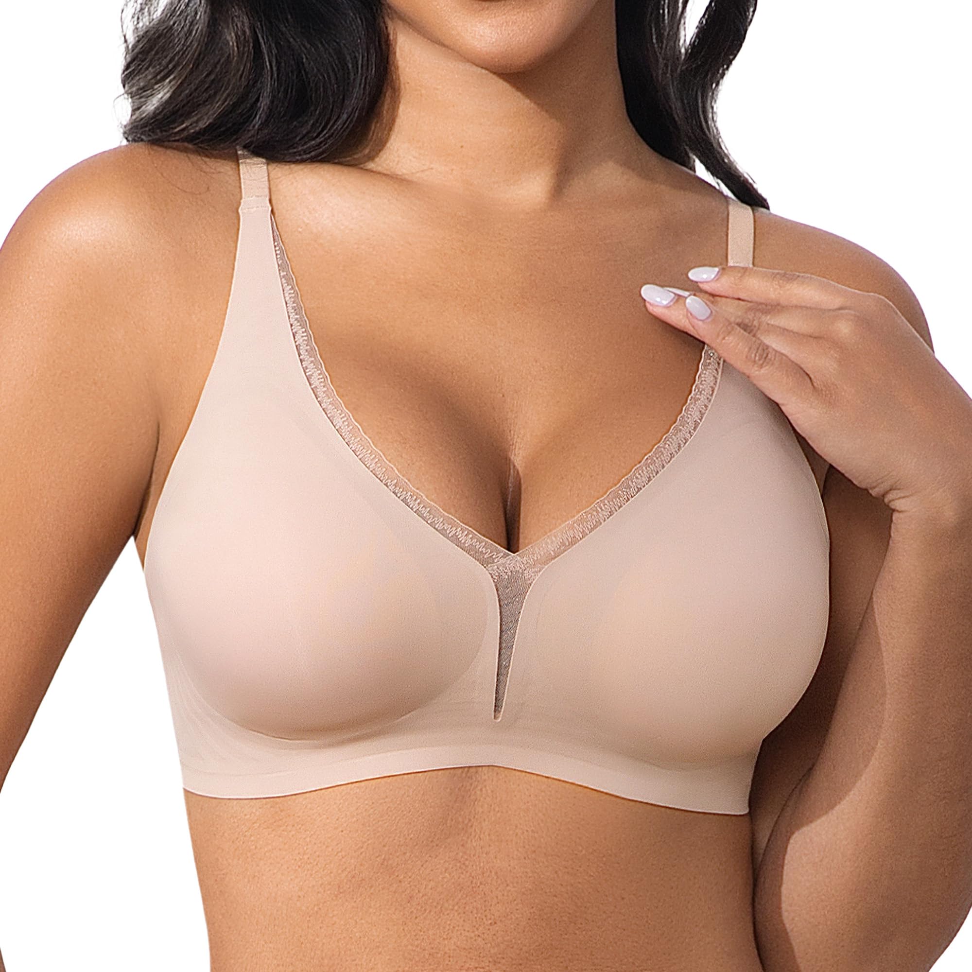 Sexy Damen-Spitzen-BH - Tief-V-Form, Push-up-Effekt & Minimizer-Funktion, Bequemer drahtloser Nahtloser BH mit leicht gepolsterten Cups