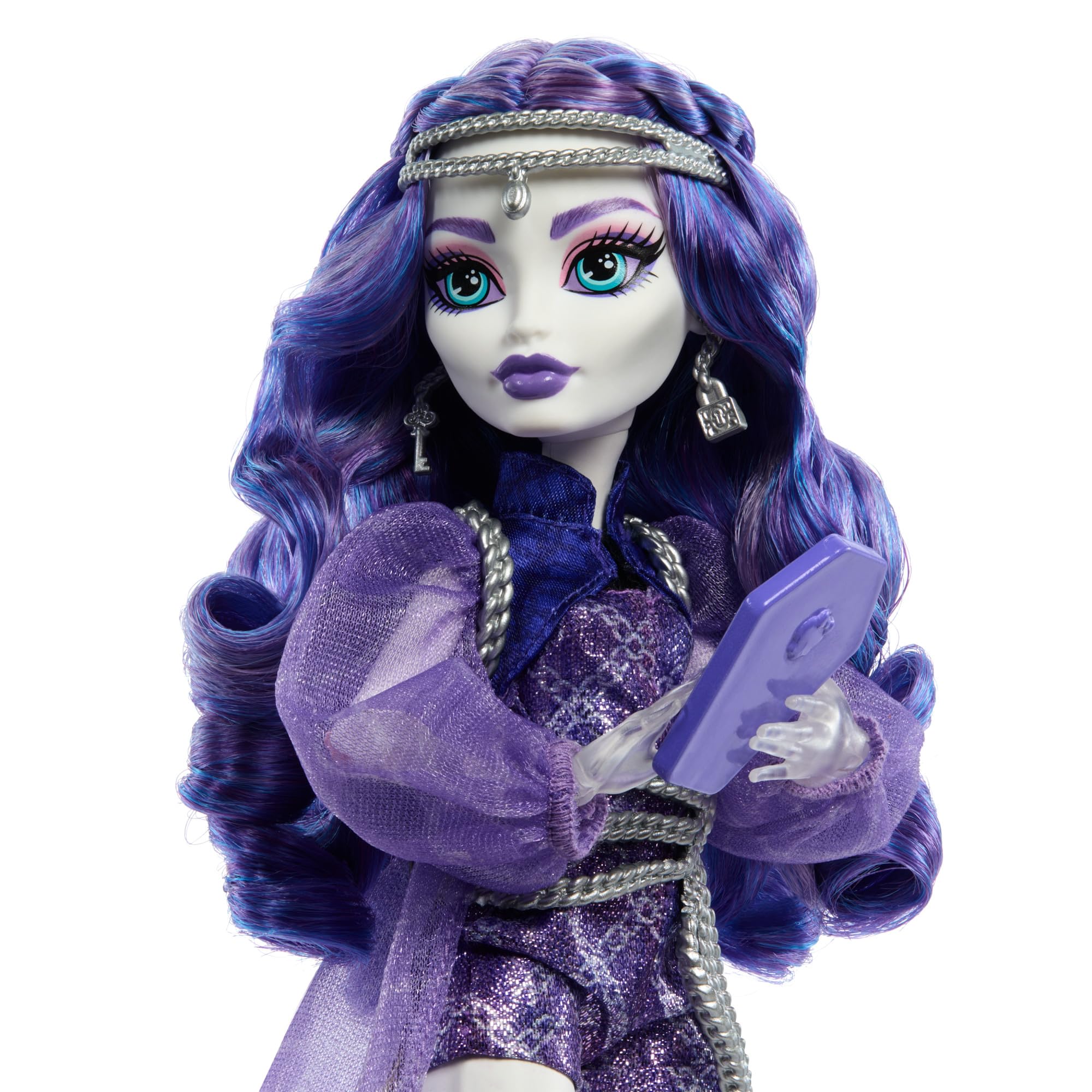 Monster High Spectra Vondergeist Lalka + zwierzątko Rhuen oraz akcesoria, takie jak plecak, „tablet” i „przekąski”, HXH77