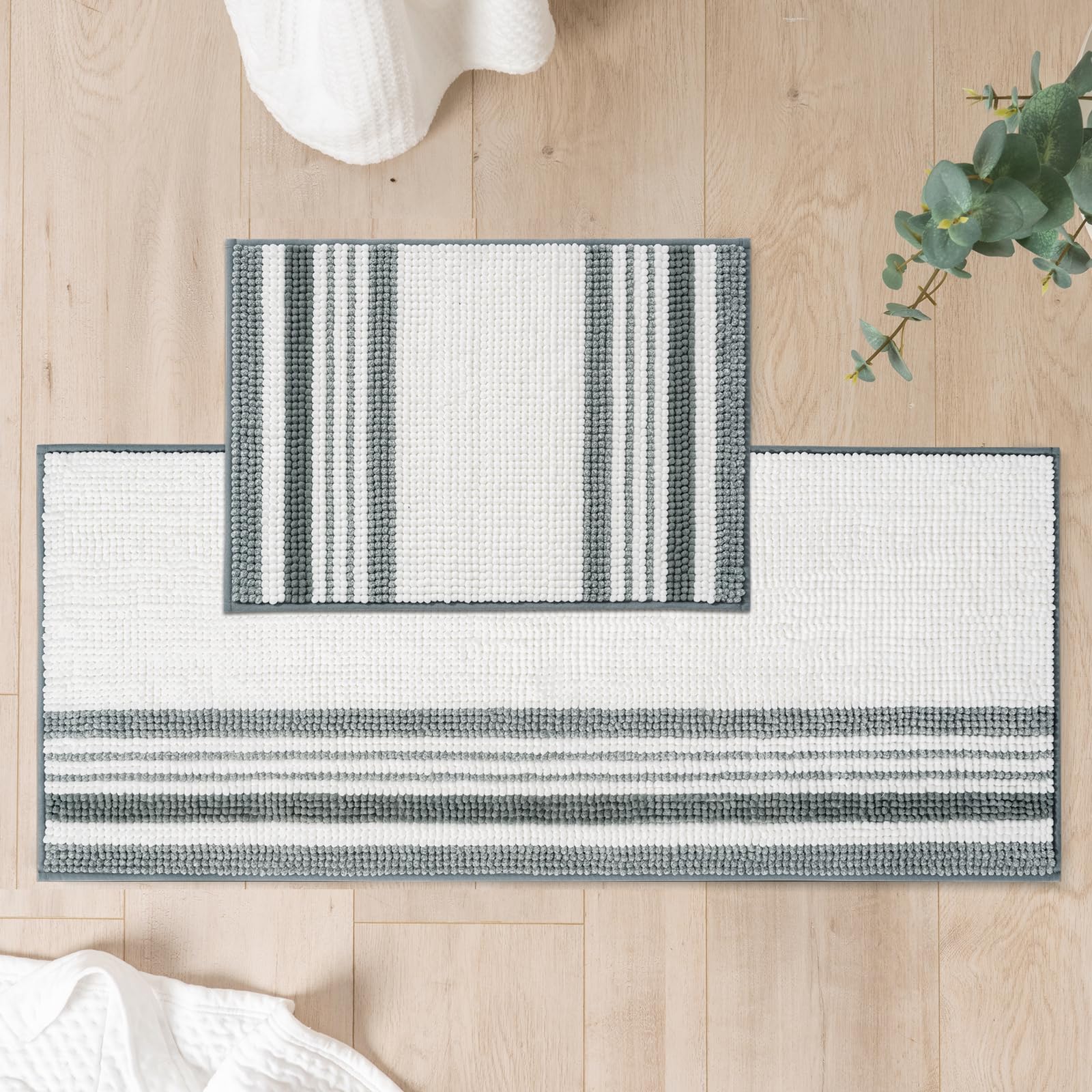 FRESHMINT Stripe Chenille Bathroom Rugs Sets 2 Piece, Large Bath Mats for Bathroom Floor Non-Slip, Washable Bath Rugs Set 17"x24"+20"x47", Water Absorbent & Durable Shower Floor Mat, Gray